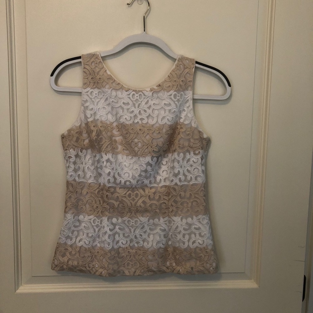 WHBM Striped Lace Tank Top Tan White w/zipper back - Picture 1 of 6